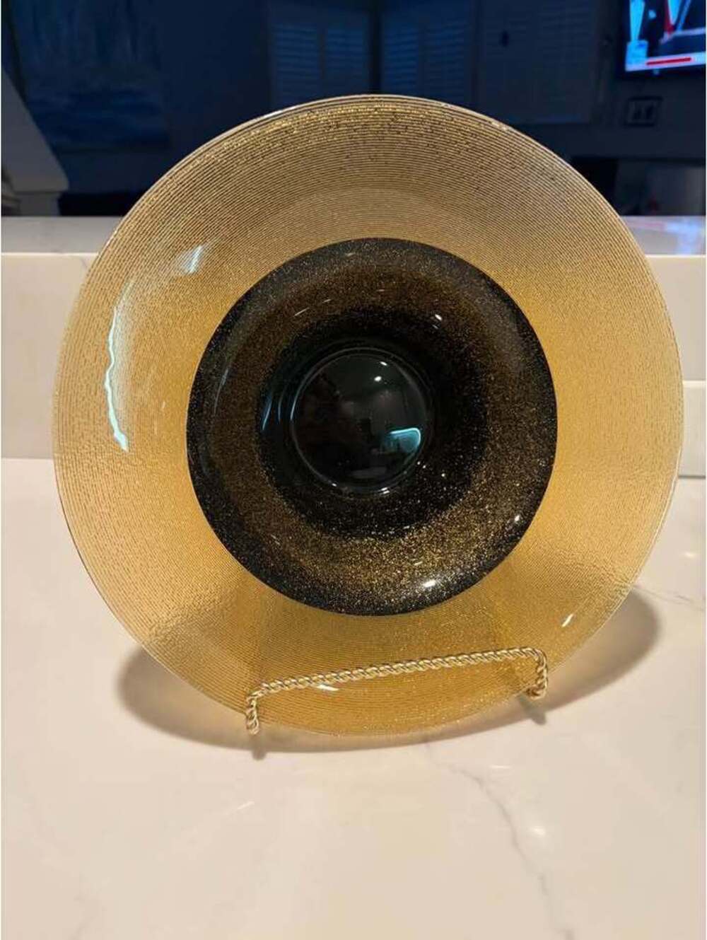Vintage Crystalex Bohemian Gold and Black Glass Bowl featuring Gold Sparkle Denn